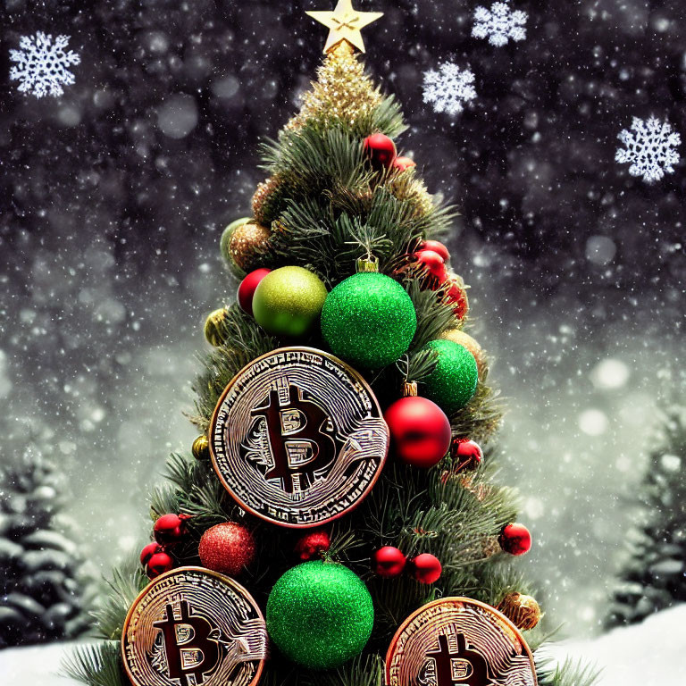 Christmas tree with red, green ornaments, golden star, and Bitcoin tokens in snowfall