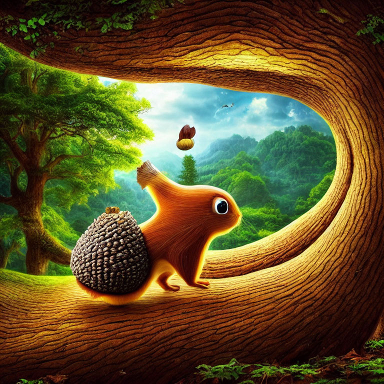 Illustration of large-eyed squirrel leaping with acorn-textured back in forest scene