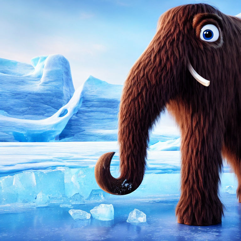 Large-tusked woolly mammoth in frozen landscape