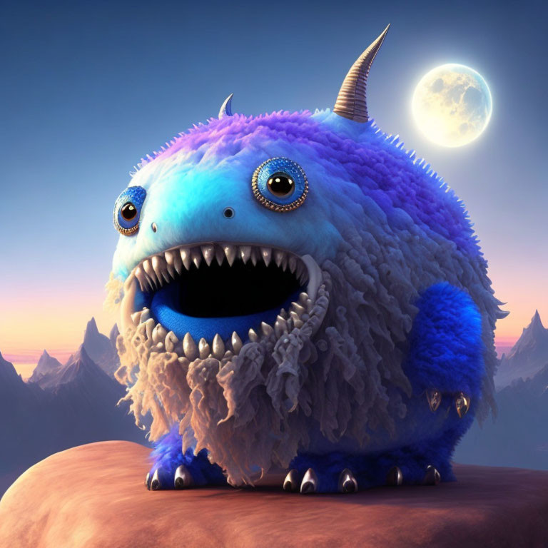 Fluffy Blue and Purple Creature with Large Eyes, Horns, and Gaping Mouth on Mountain Back