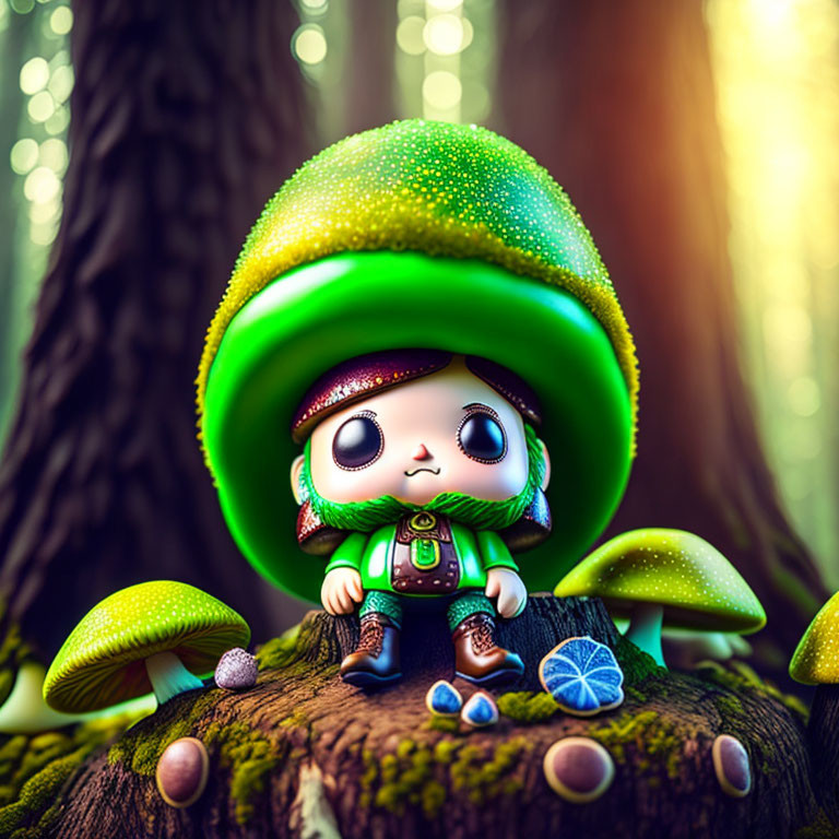 Stylized animated figure in green outfit on tree stump in mystical forest