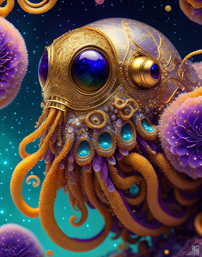 Steampunk octopus with brass helmet in starry scene