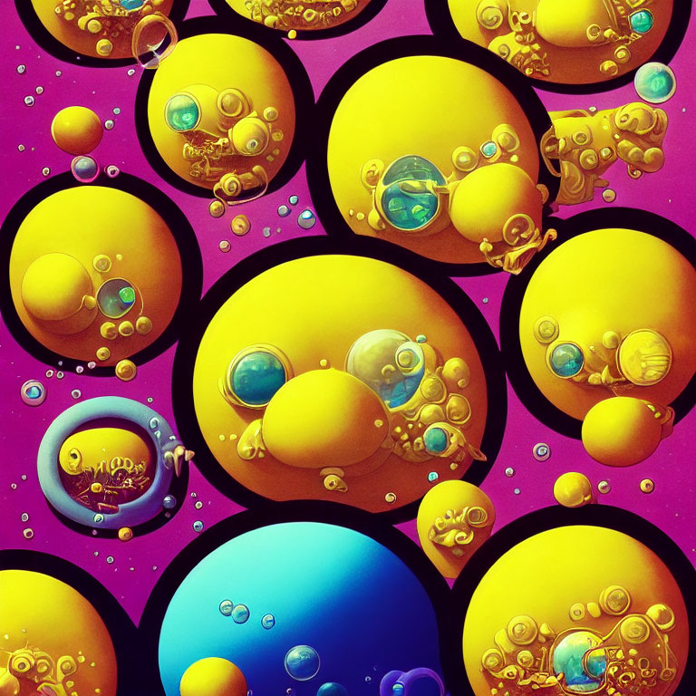 Vibrant Yellow and Blue Bubbles on Pink and Purple Background