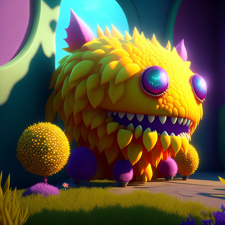 Colorful 3D illustration of a smiling, spiky creature in vibrant setting
