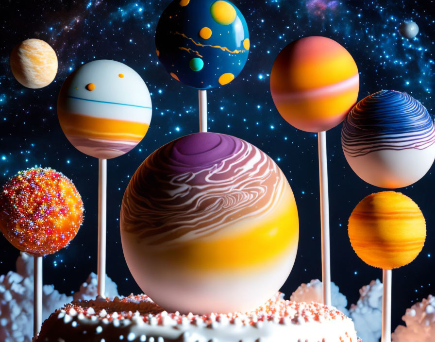 Colorful Planetary-Themed Cake with Detailed Planets on Sticks