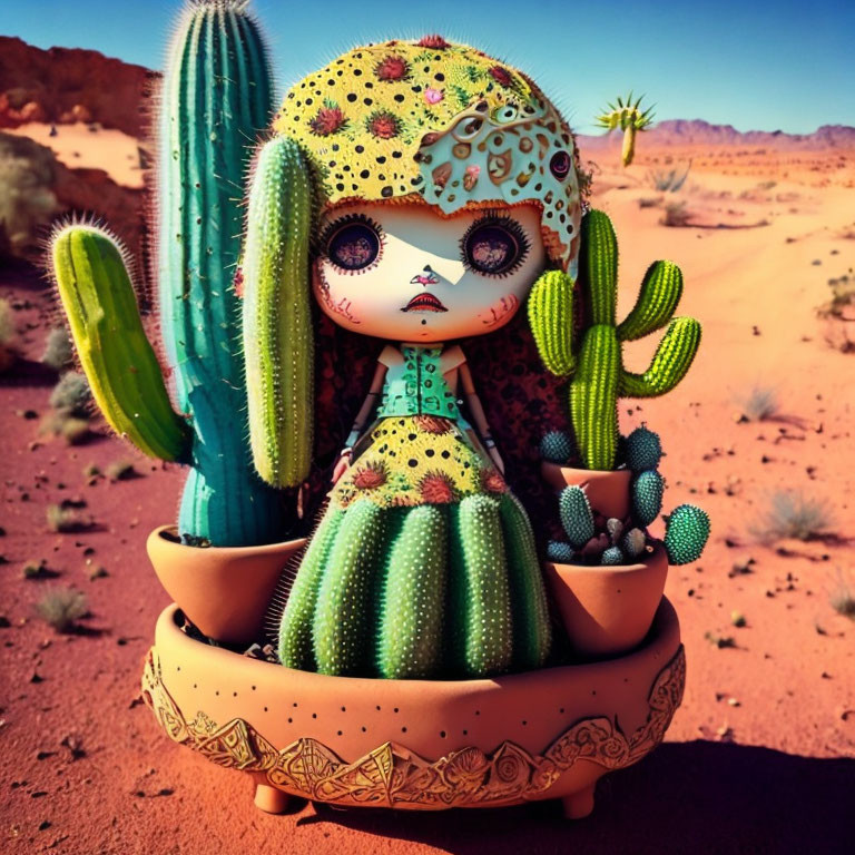 Stylized doll with cactus features in desert setting