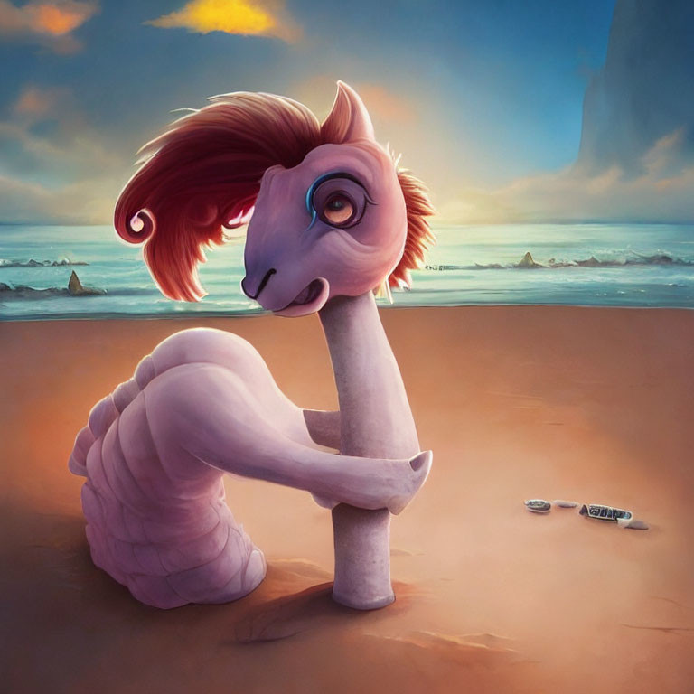 Whimsical horse-headed creature with spiral shell body on beach at sunset