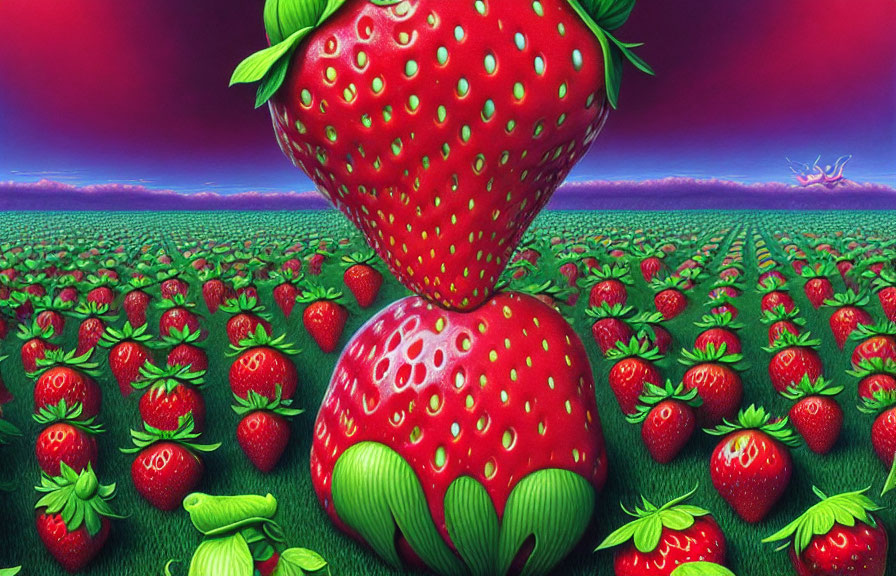 Colorful digital artwork: Oversized strawberry in a field of normal-sized strawberries under a purple sky