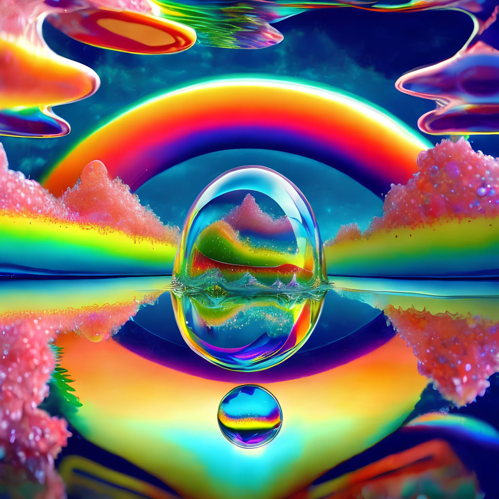 Colorful surreal landscape with reflective sphere and floating orbs