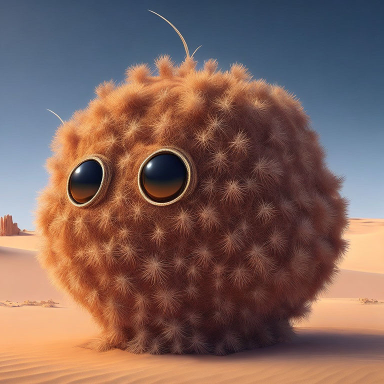 Fluffy, round creature with expressive eyes in desert landscape