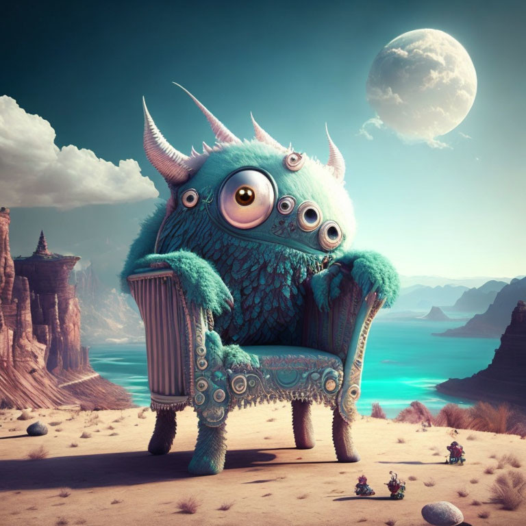 Blue three-eyed monster on ornate armchair in desert with moon