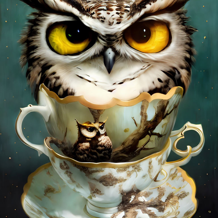 Whimsical illustration of large owl emerging from teacup