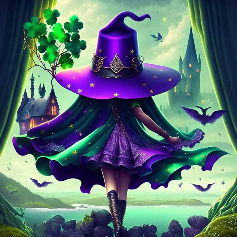 Fantasy witch artwork with castle, bats, and vibrant colors