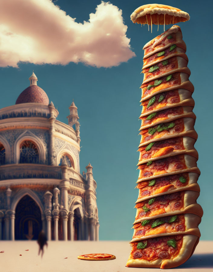 Towering Stack of Pizza Slices Near Pizza Cloud & Ornate Building