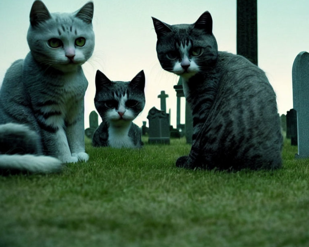 Three cats with human-like faces in graveyard at dusk