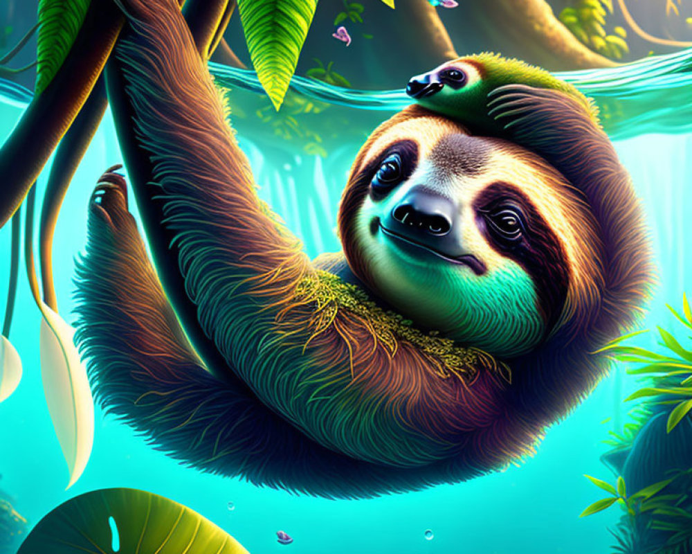 Colorful digital illustration: Sloth and baby hanging in lush forest