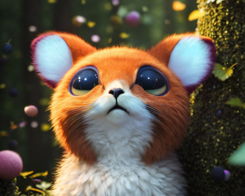 Fox-like creature with large ears in enchanted forest with colorful orbs