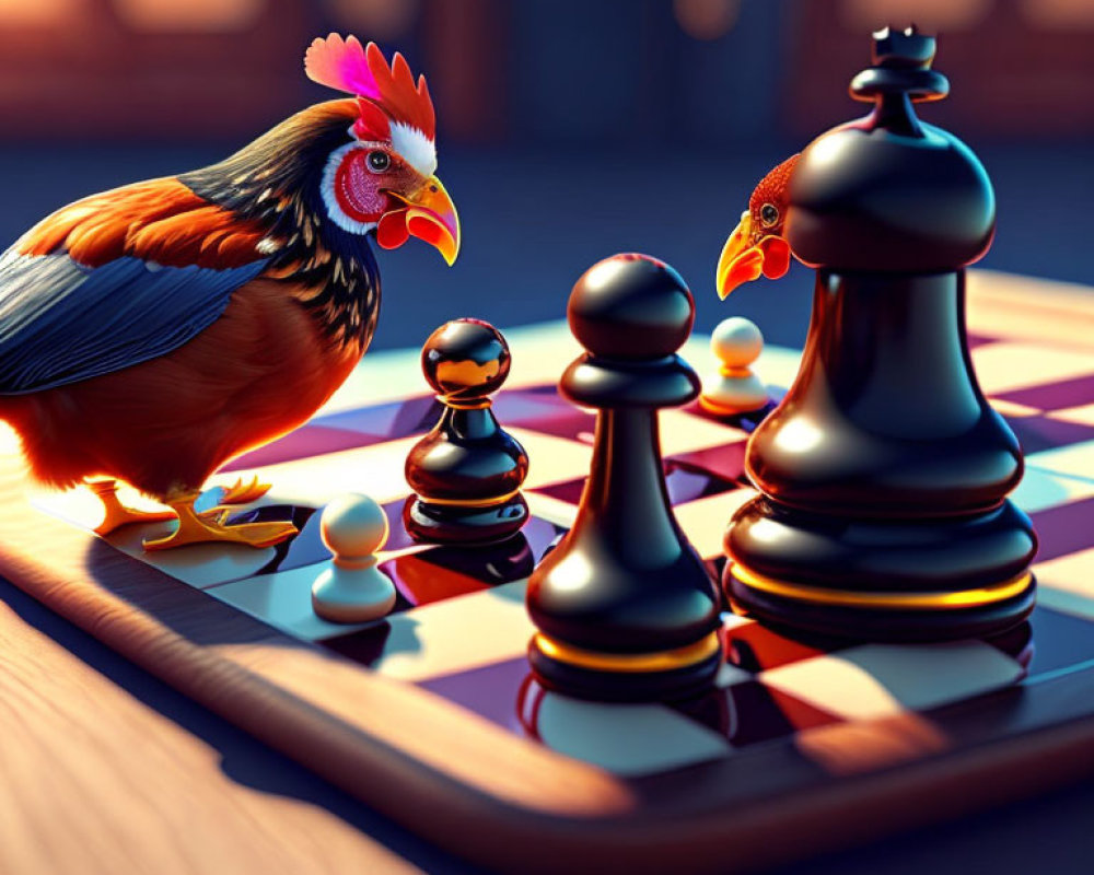 Stylized chicken playing chess under warm light