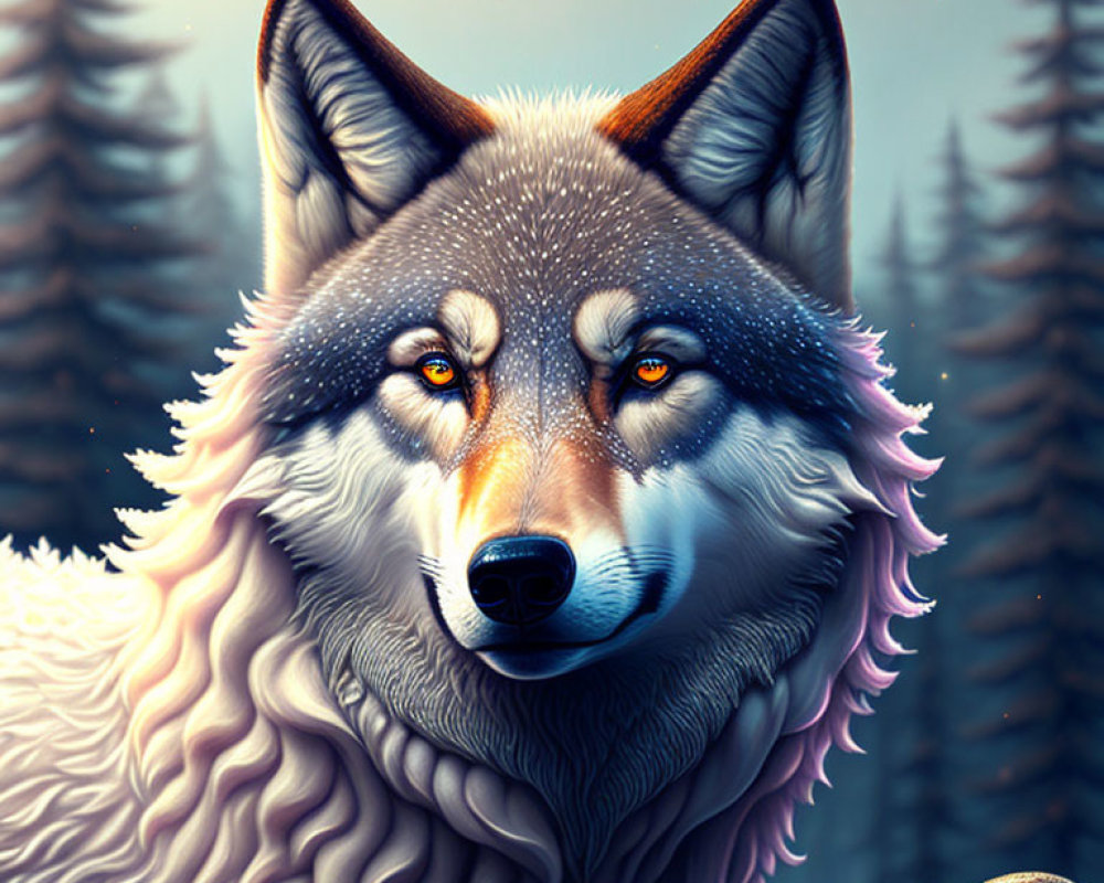 Detailed Wolf Illustration with Intense Yellow Eyes in Twilight Forest