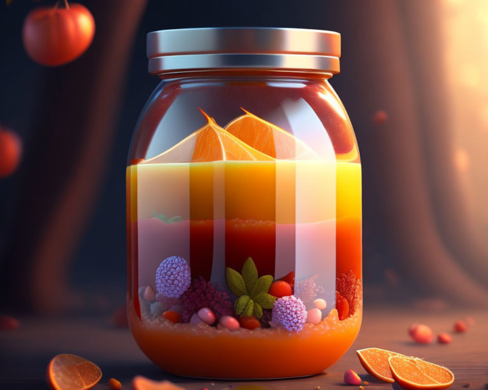 Colorful Layered Dessert with Fruits and Berries in Glass Jar and Oranges on Warm