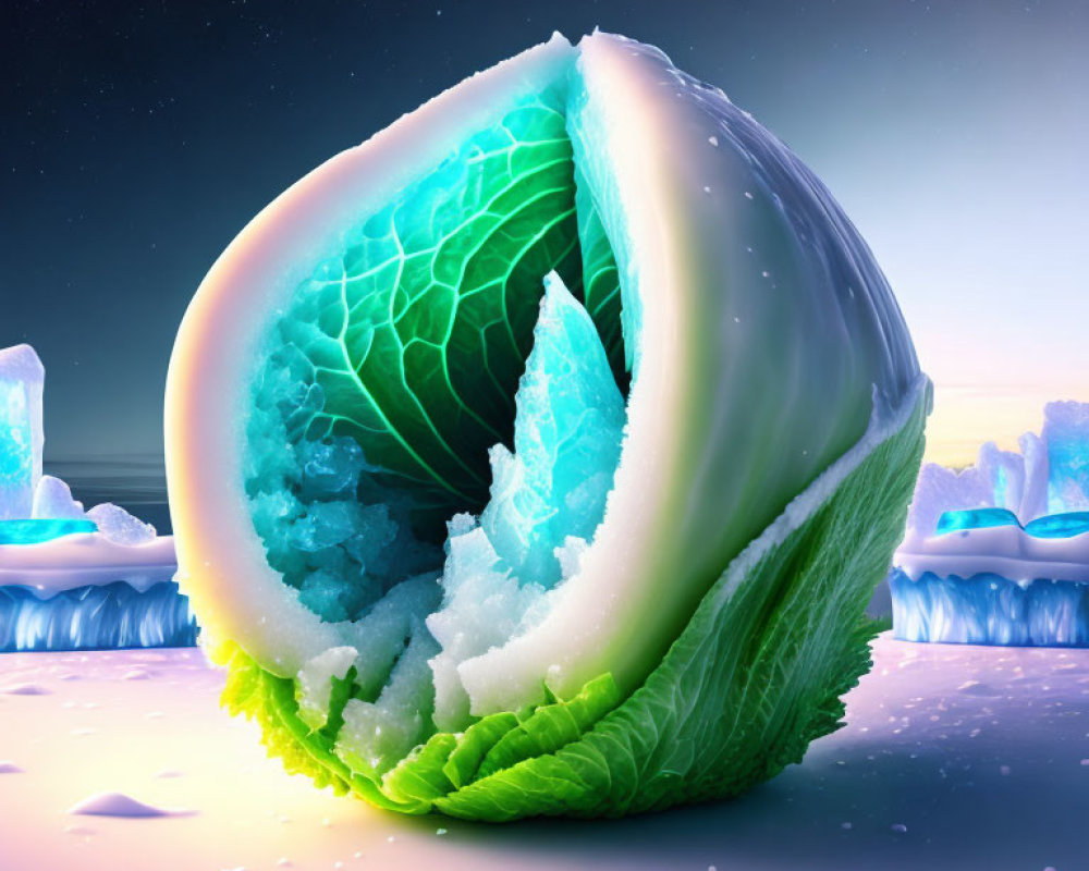 Fantastical image: Sliced cabbage with glowing ice cave in starry twilight sky.