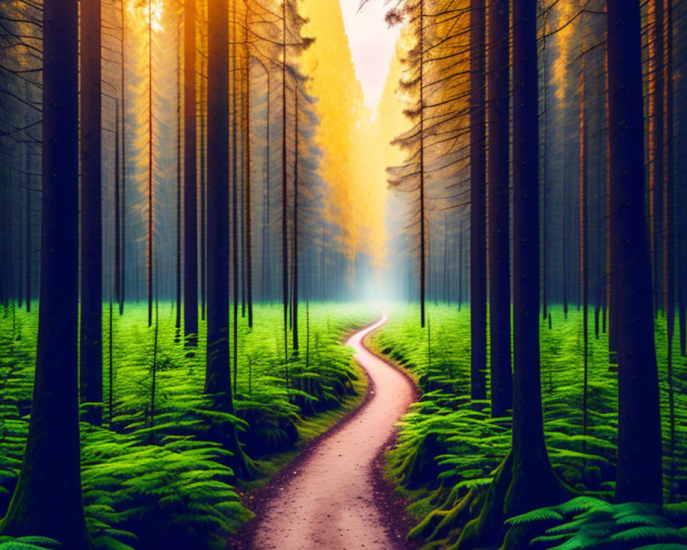 Scenic forest path with tall trees and green ferns