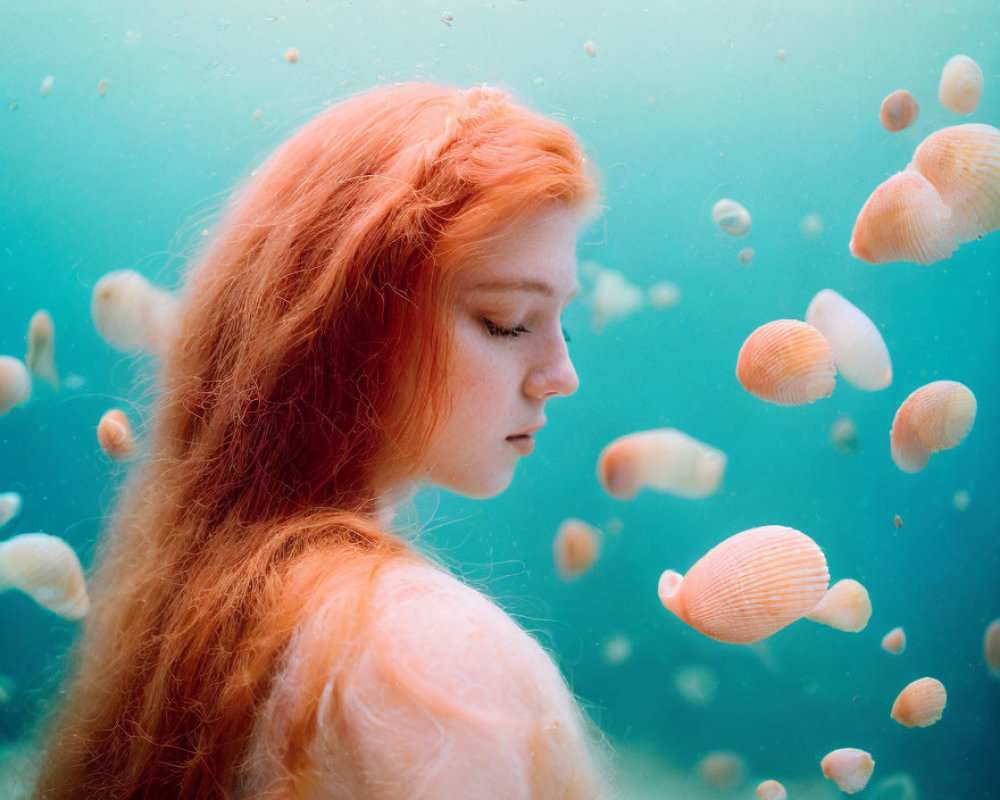 Red-haired woman underwater with small jellyfish in serene pose