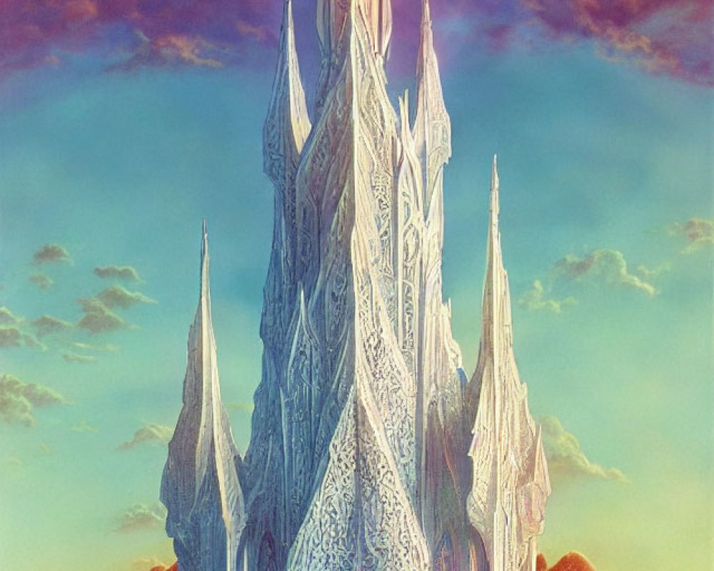 Crystal castle on rocky terrain under pastel sky with billowing clouds