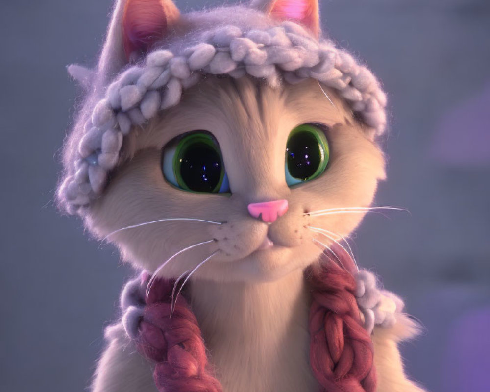 Fluffy Cat in Purple Knitted Hat and Scarf with Green Eyes