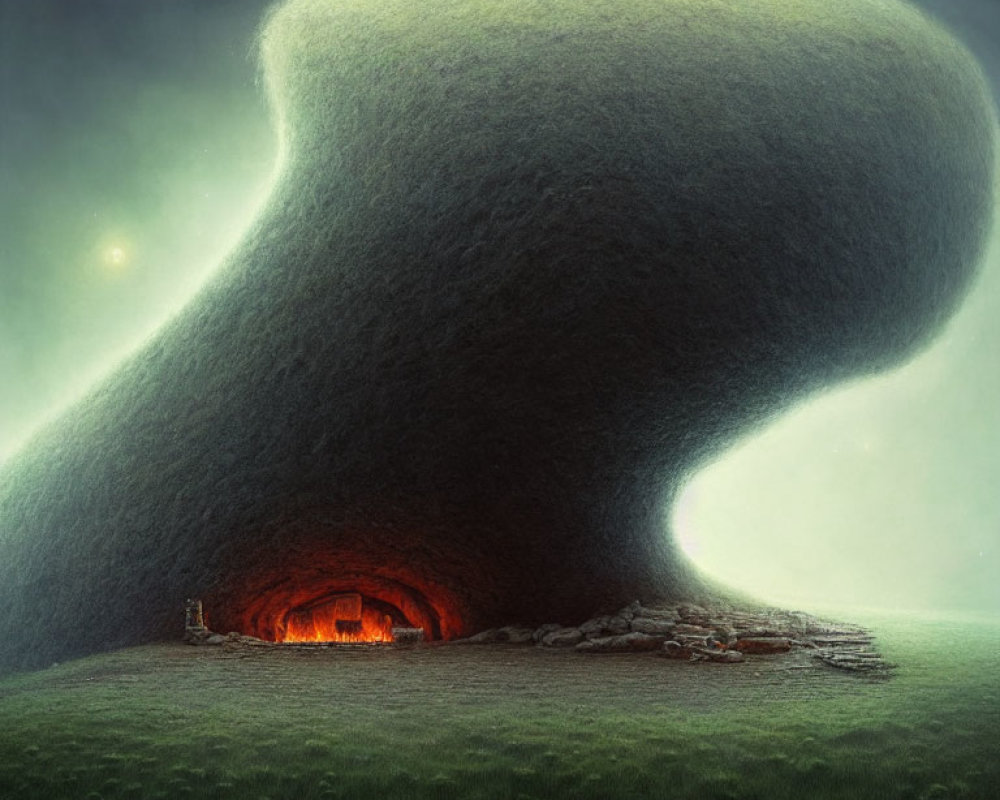 Fantastical landscape with glowing mushroom-shaped hill under dusky sky