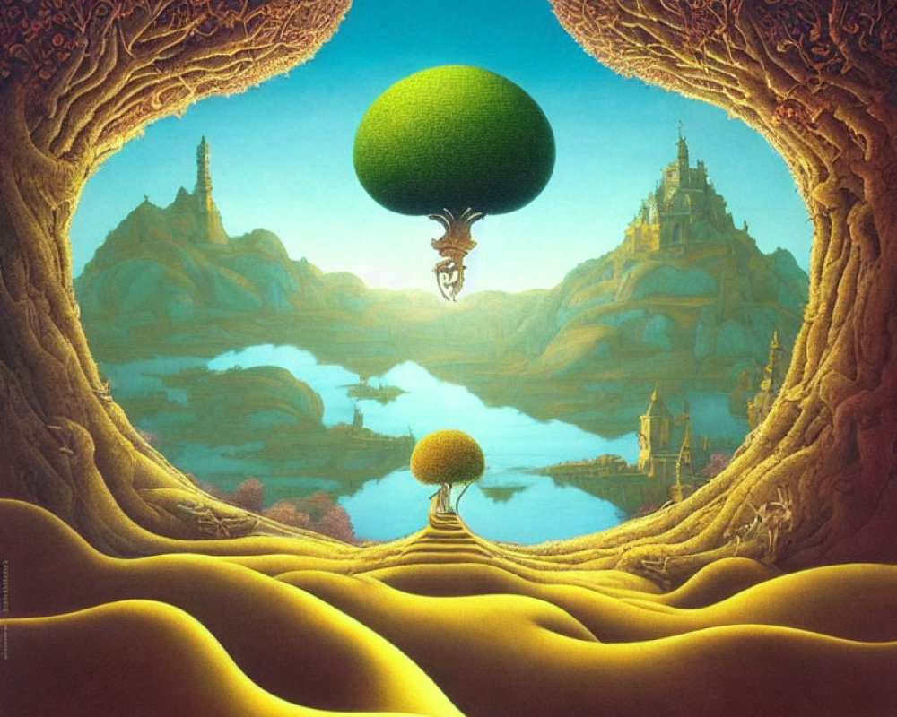 Surreal landscape with levitating green sphere, dragon, sand dunes, intricate trees, and