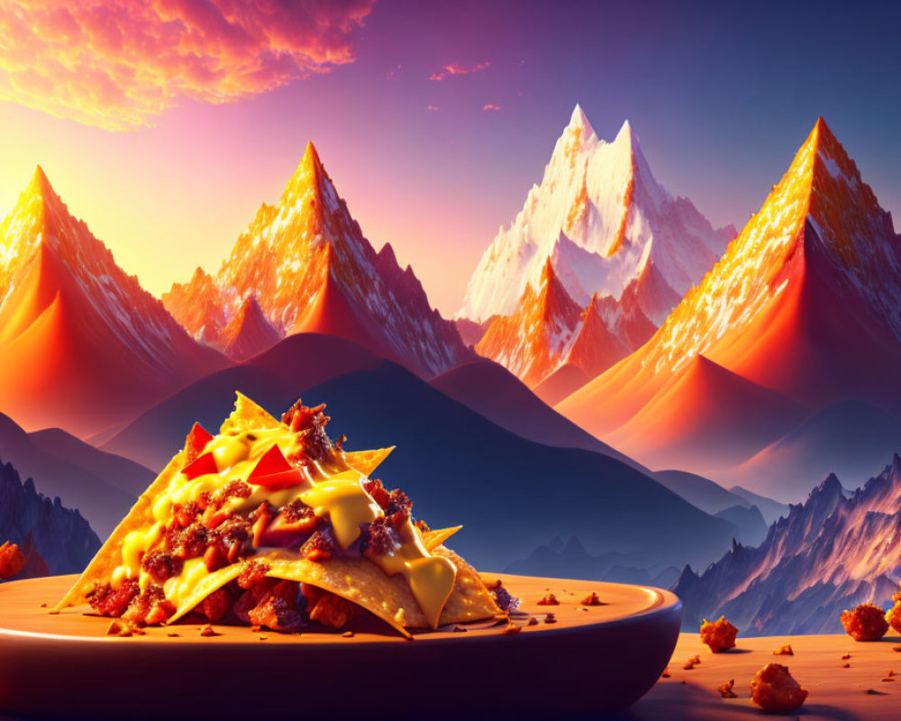 Cheese-topped nachos on plate with surreal mountain backdrop