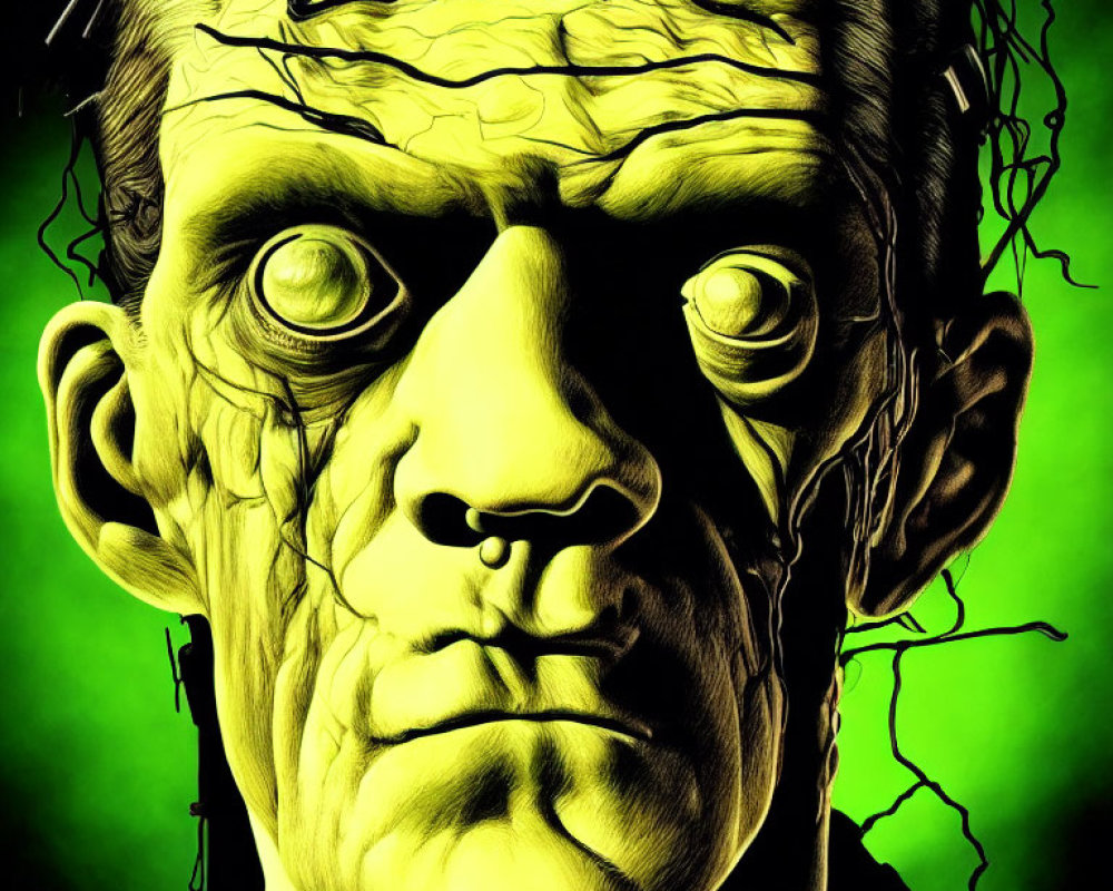 Square-headed Frankenstein's monster with scars and yellow-green skin in eerie lighting