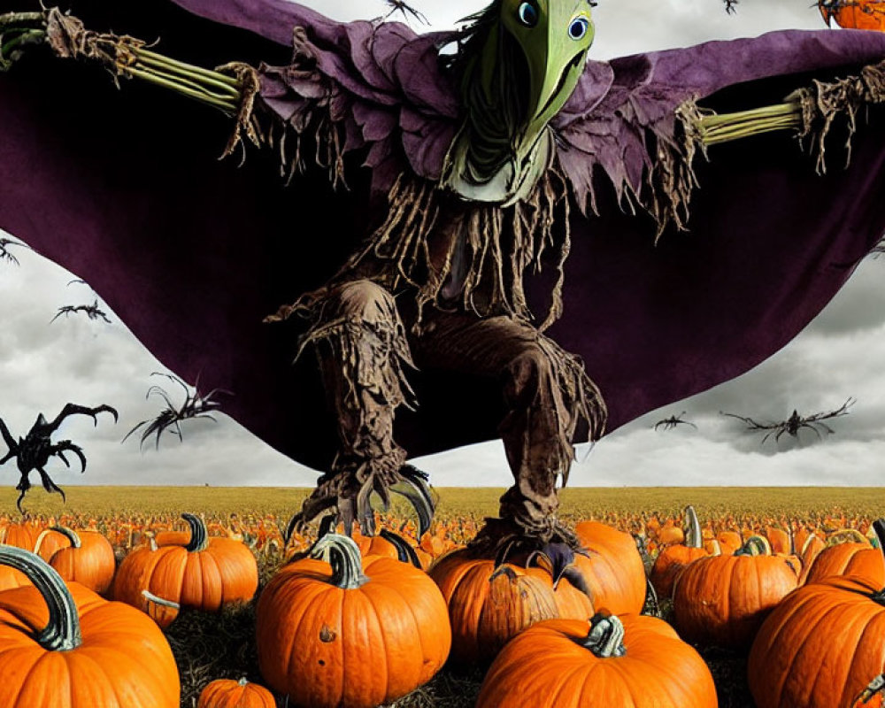 Whimsical scarecrow with green face and purple wings surrounded by flying black spiders