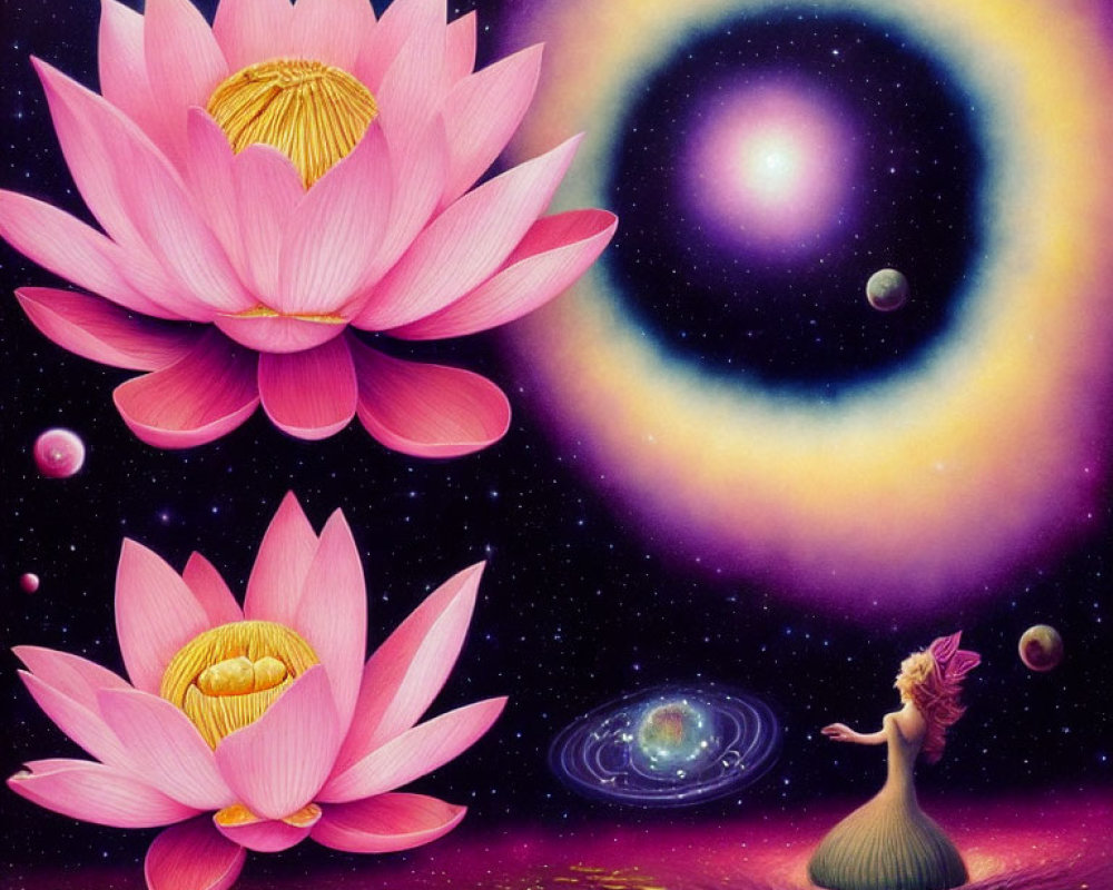 Whimsical artwork of woman on leaf surrounded by pink lotus flowers in space