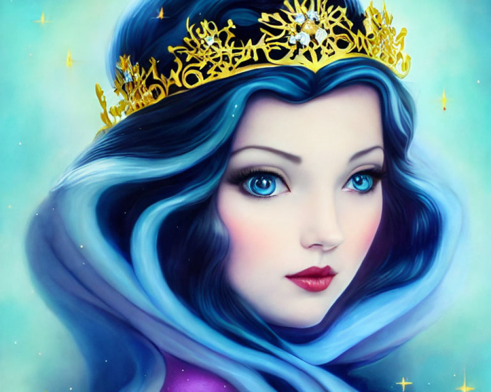 Woman with Blue Hair and Golden Crown: Blue Eyes, Red Lips, Twinkling Stars