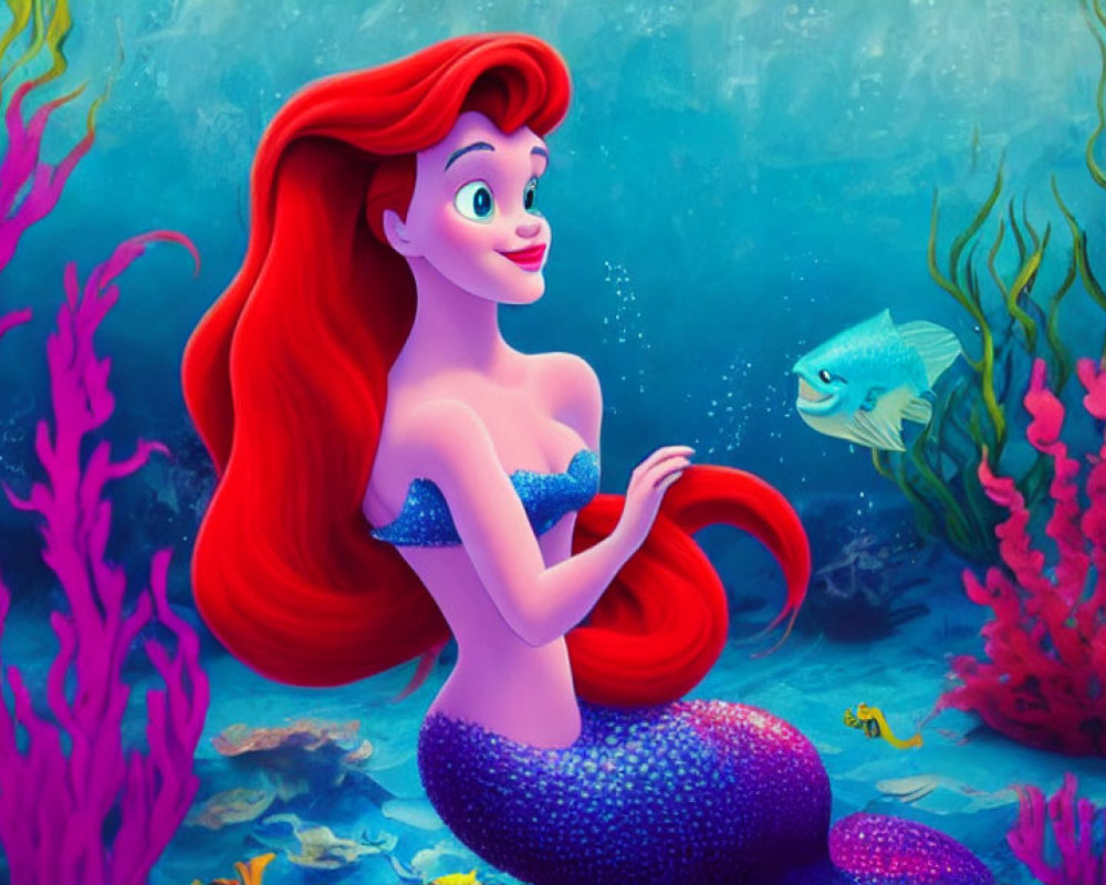 Smiling red-haired mermaid with purple tail in colorful underwater scene