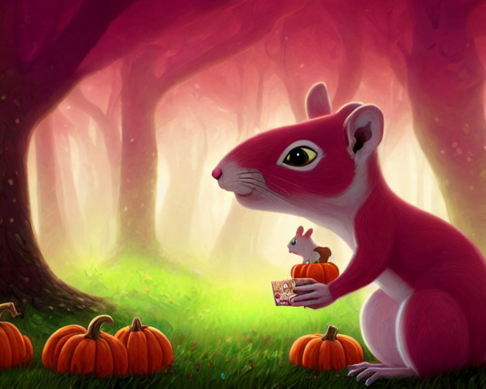 Whimsical pink squirrel with tiny squirrel in magical forest among pumpkins