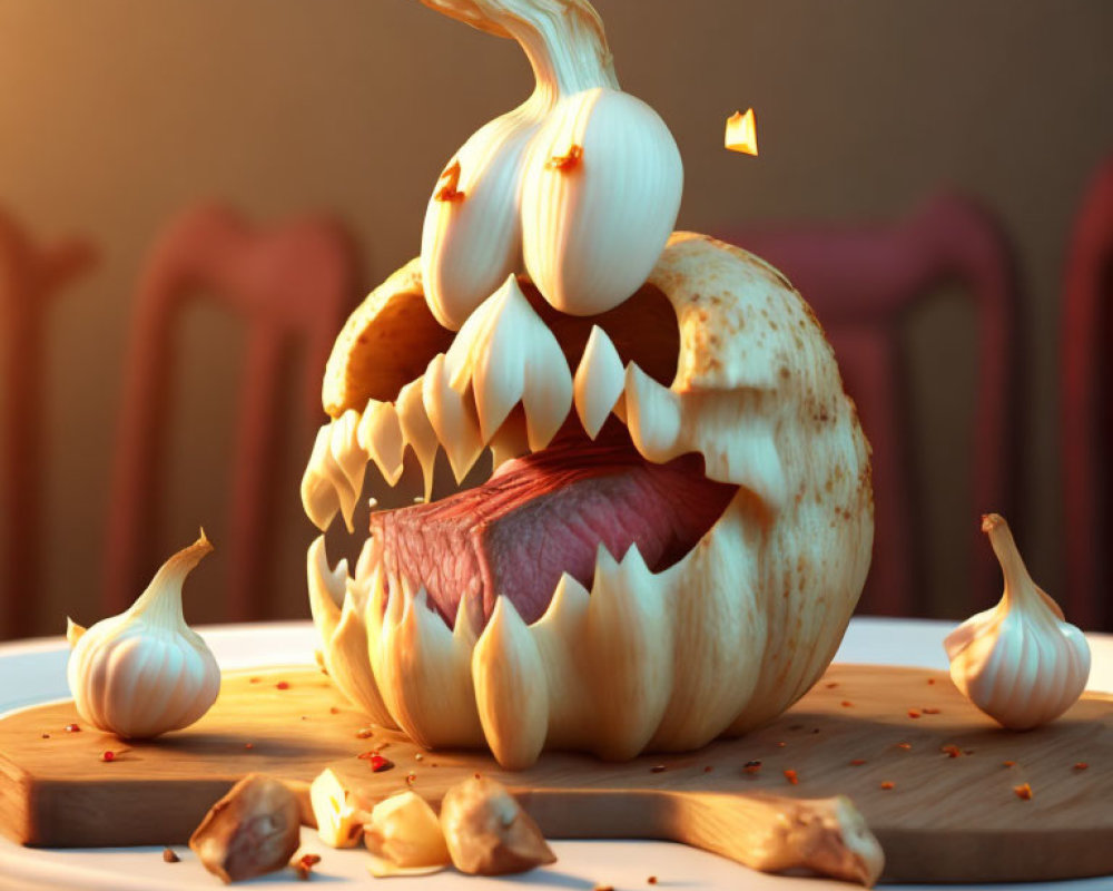 Animated Pumpkin Carving with Garlic and Onion on Chopping Board in Kitchen