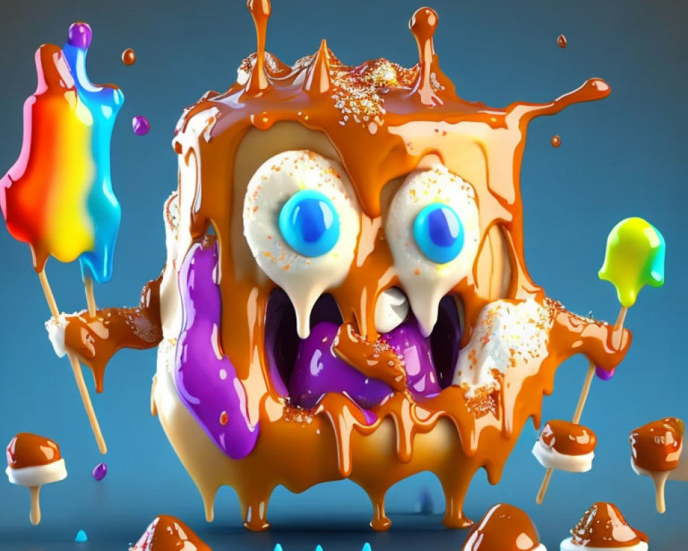 Colorful 3D illustration of whimsical melting creature with vibrant paint drips and ice cream-like