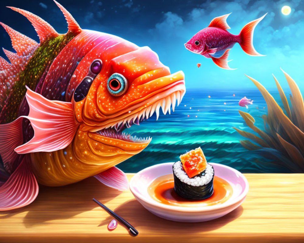 Colorful Cartoon Fish Staring at Smaller Fish Near Sushi Plate