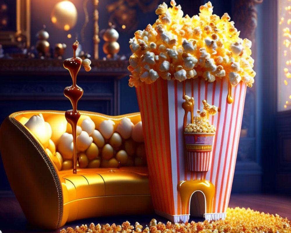 Striped popcorn box overflowing on yellow couch in luxurious room