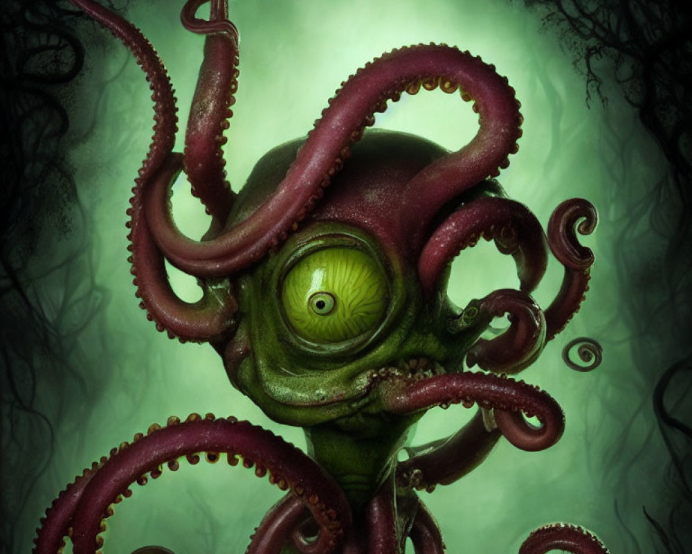 Octopus-like creature with swirling tentacles and central eye in murky green setting