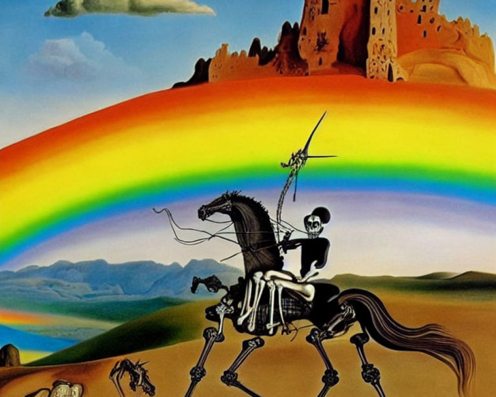 Surreal painting: skeleton on horse with lance, rainbow, desert castle