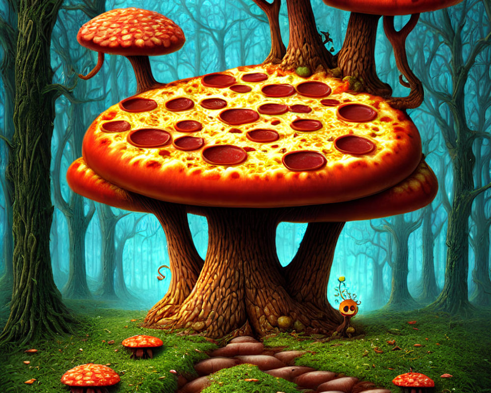 Forest with Pepperoni Pizza Trees and Mushroom Slices on Cobblestone Path