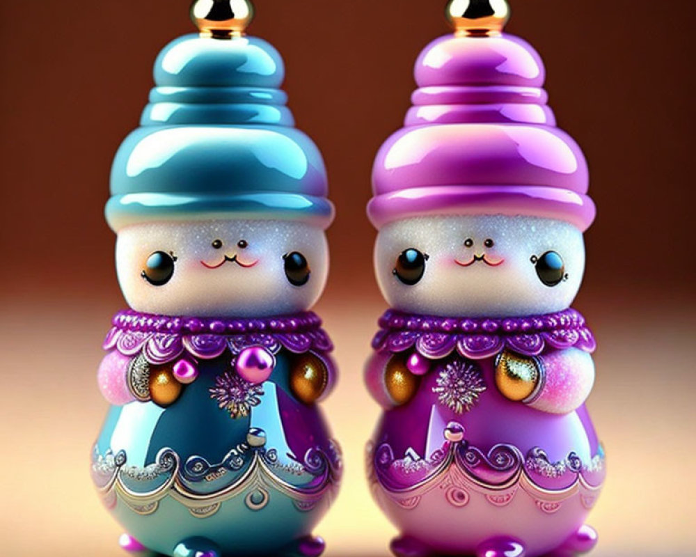 Ornamental Snowman Figurines in Pastel Blue and Purple Hues