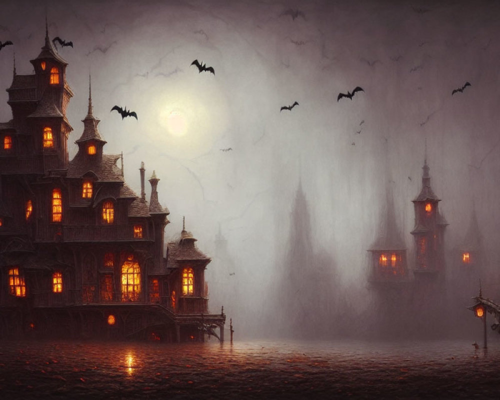 Gothic scene with haunted house, bats, full moon, and lanterns