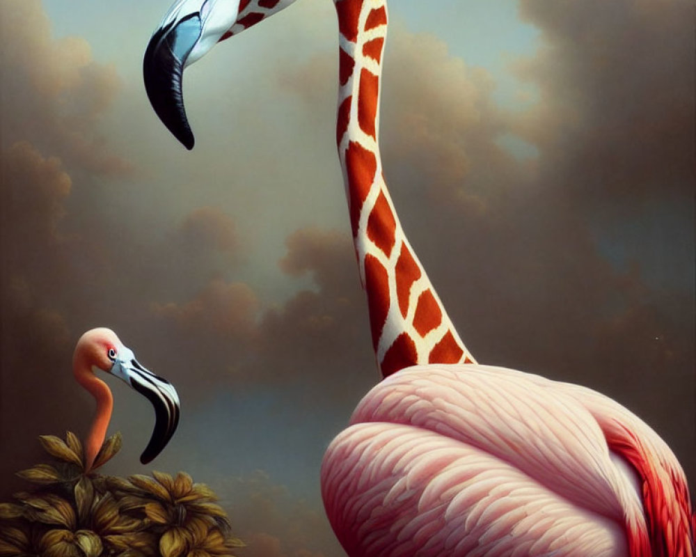 Surreal flamingo with giraffe-like neck beside regular flamingo amid foliage