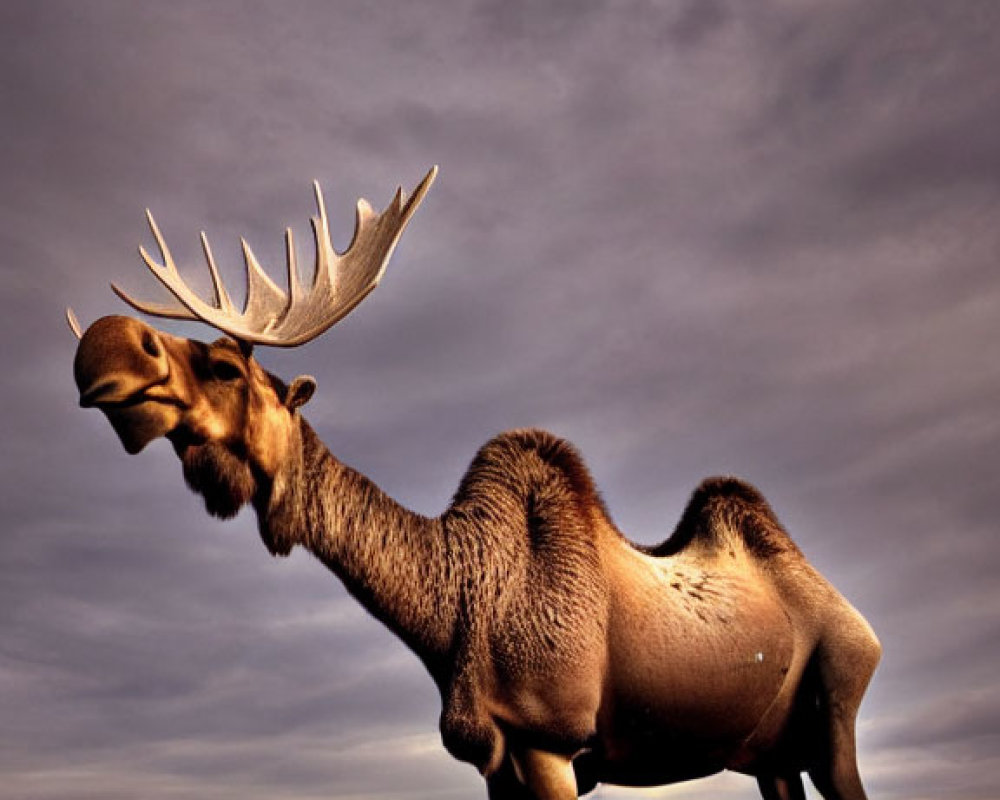 Majestic moose with large antlers in grassy field at dusk