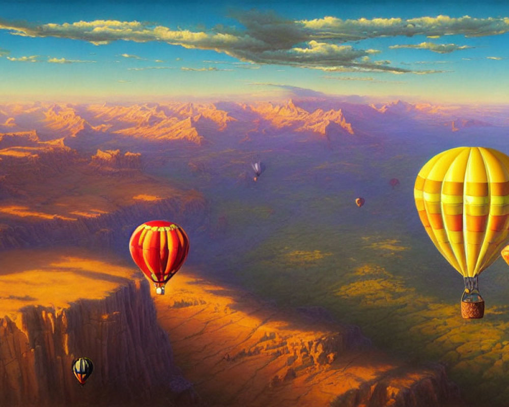 Colorful hot air balloons over canyon at sunset